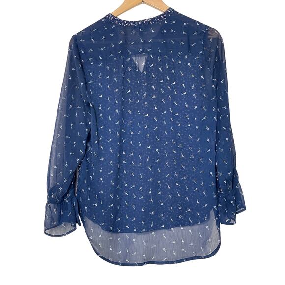 Lucky Brand Women's Small Navy Long Flare Sleeve V Neck Sheer Back Floral Blouse - Picture 3 of 7